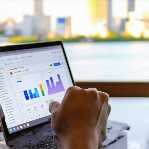 Person reviewing SEO analytics on a laptop with Chesapeake skyline
