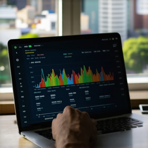 Person reviewing SEO data on laptop with Chesapeake city in background
