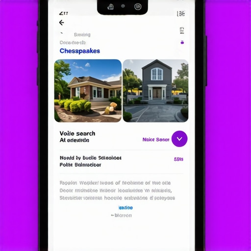Mobile phone showing Chesapeake business listing with voice search interface.