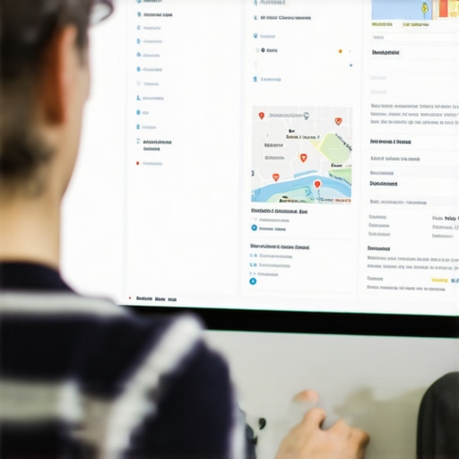 Person analyzing local SEO analytics with Chesapeake landmarks