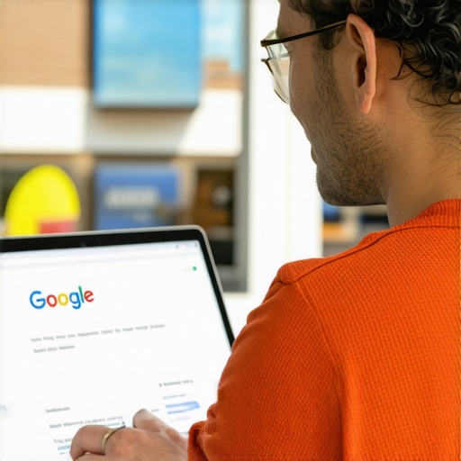 Optimizing GMB Profile in Chesapeake Business owner editing Google My Business profile on a laptop with Chesapeake storefront in background