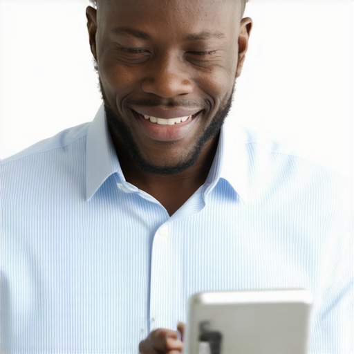 Business owner reviewing mobile search analytics with voice search features