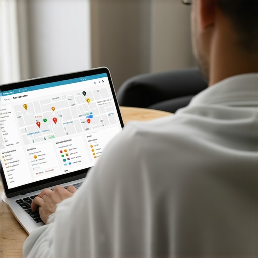 Business owner reviewing Google Maps rankings on a laptop with charts and maps.