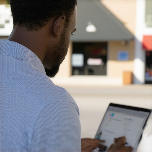 Business owner editing Google My Business profile on laptop with Chesapeake storefront in background.