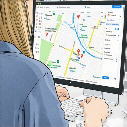 Business owner reviewing Google Maps analytics with Chesapeake landmarks.