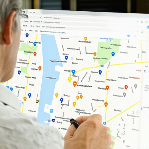 Business owner optimizing Google Maps listing with Chesapeake landmarks in background.