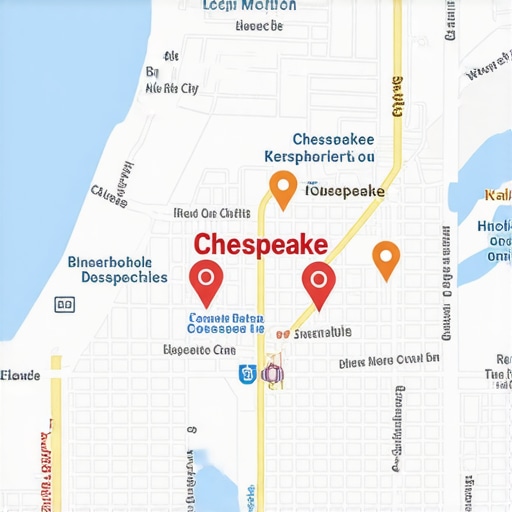 Digital map showing business locations in Chesapeake VA.