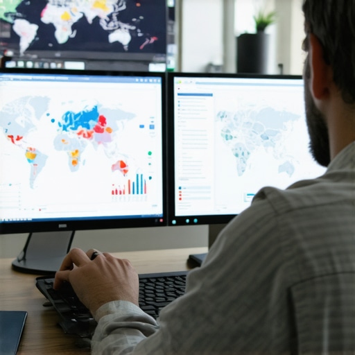 Person analyzing local SEO metrics on a computer with charts and maps