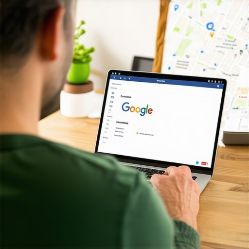 Business owner editing GMB profile on laptop with Chesapeake map