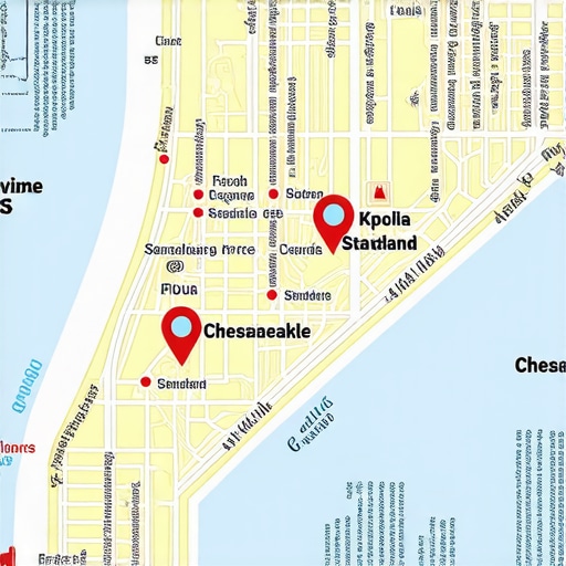 Chesapeake Local Business Map Standards Map of Chesapeake with markers indicating business locations and proximity zones.
