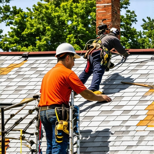 A professional Chesapeake roofing team installing a roof on a sunny day