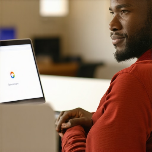 Business owner updating Google My Business profile on laptop at Chesapeake storefront