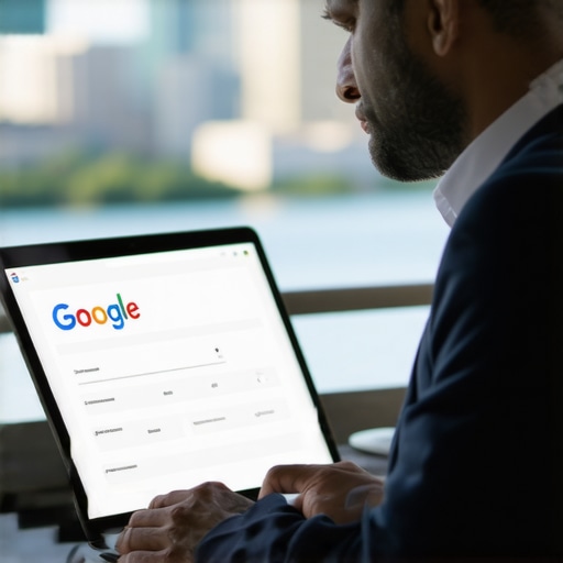 Business owner editing GMB profile on laptop with Chesapeake cityscape