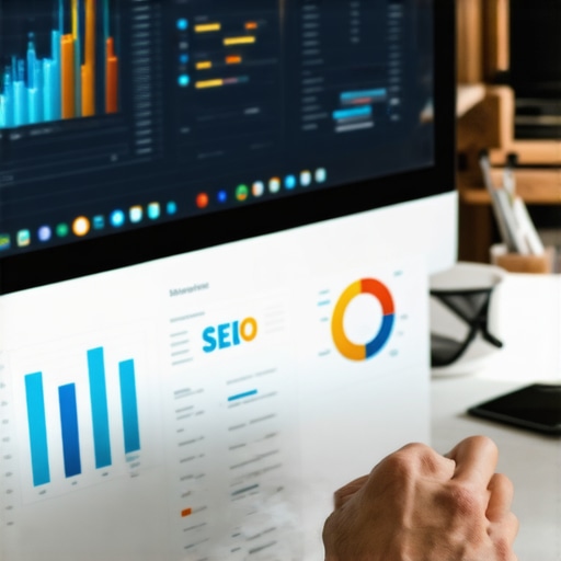 Person reviewing SEO metrics on a laptop across from a monitor showing local search rankings