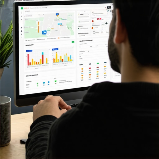 Business owner reviewing SEO analytics and maps on a computer.