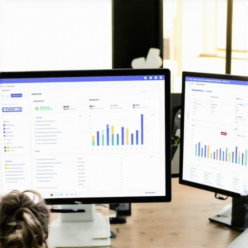 A person reviewing local SEO metrics on screens with Chesapeake cityscape in the background.