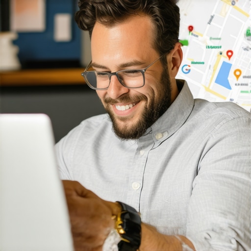Business owner editing Google My Business profile on laptop with Chesapeake maps in background