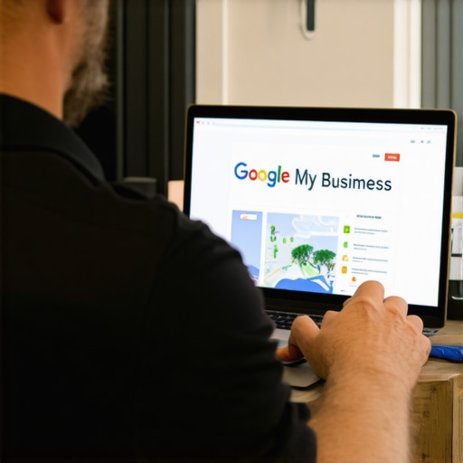 Optimizing GMB Profile for Chesapeake Business Business owner editing Google My Business profile on laptop with Chesapeake cityscape in background.