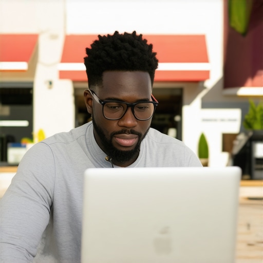 Business owner optimizing Google My Business profile on laptop in Chesapeake