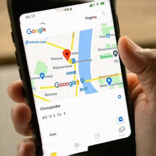 Smartphone screen showing GMB profile with Chesapeake map for local SEO