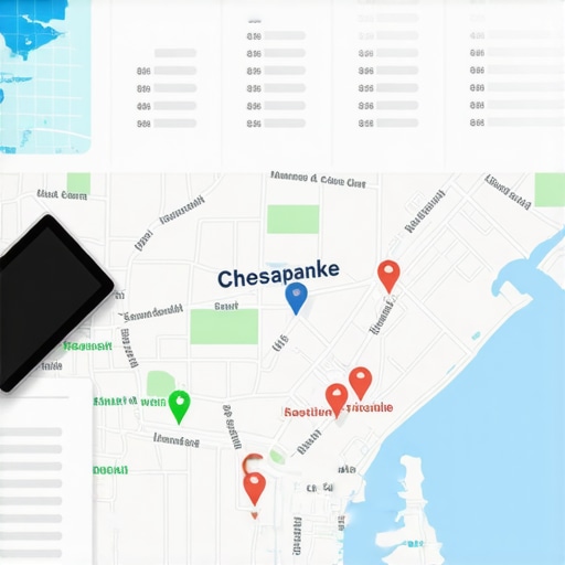 SEO Tools Workspace for Chesapeake Computer screen displaying local SEO analytics and Chesapeake map