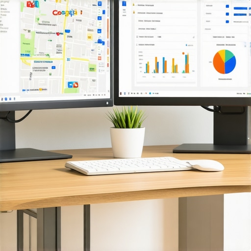 Close-up of a workspace with screens showing Google Maps and SEO analytics dashboards.