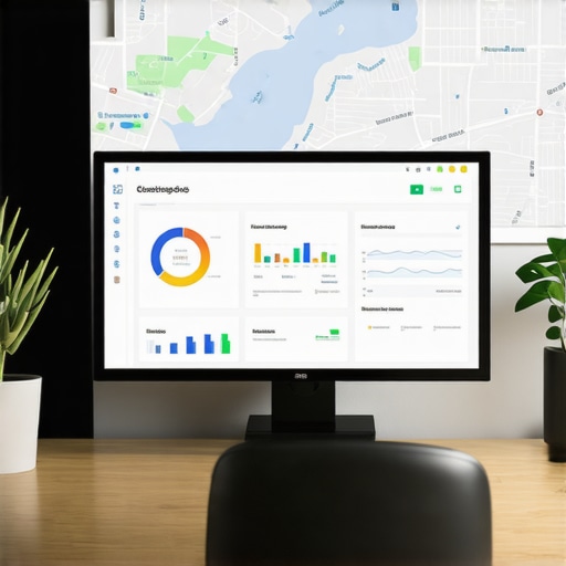 Computer screen displaying local SEO analysis tools with Chesapeake city maps in the background