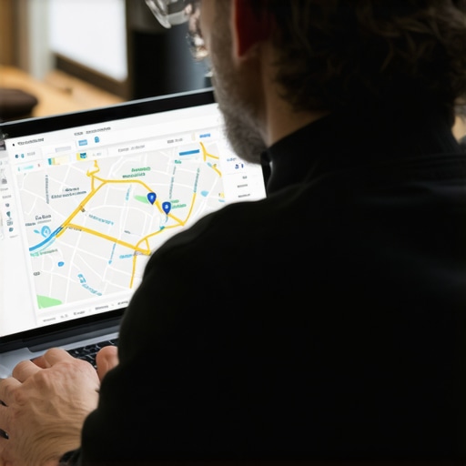 A person analyzing local SEO performance metrics on a laptop with Chesapeake maps in the background.
