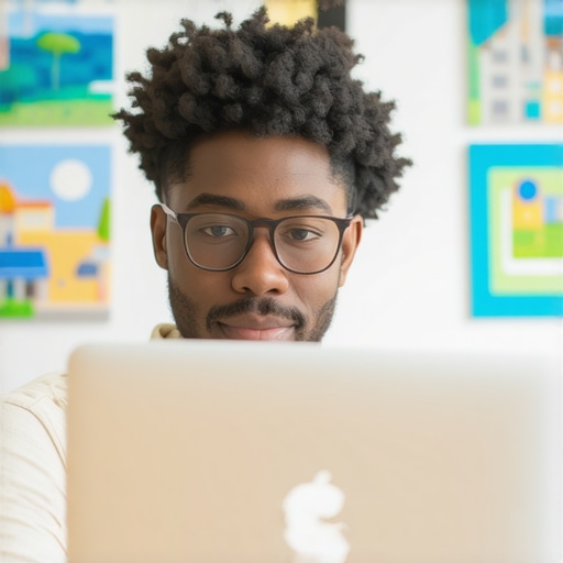 Business owner editing GMB profile on laptop near Chesapeake landmarks.