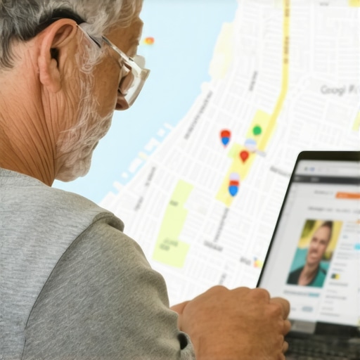 Business owner optimizing Google My Business profile with Chesapeake map