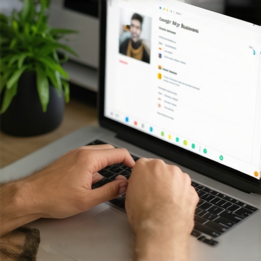 Business owner using SEO tools on laptop for local business management.